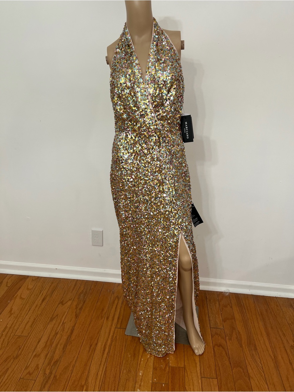 Marciano Gold Sequin Backless Halter Gown with Side Slit